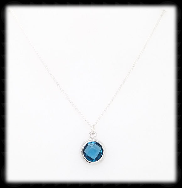 #AAAFTR693N- Round Filigree Framed Drop Necklace- Navy Silver