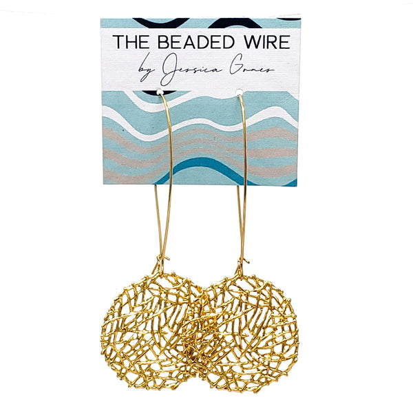 #MM12K- Mesh Round Long Drop Earrings- Gold