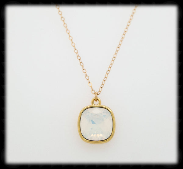#CD17NGP- Petite Cushion Cut Necklace- White Opal Gold