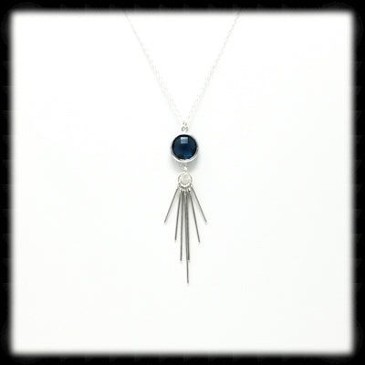 #MCFR16N- Framed Glass Fringe Necklace- Navy Silver