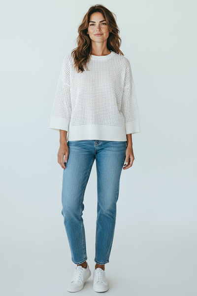 Pinhole 3/4 Sleeve Sweater Top - White