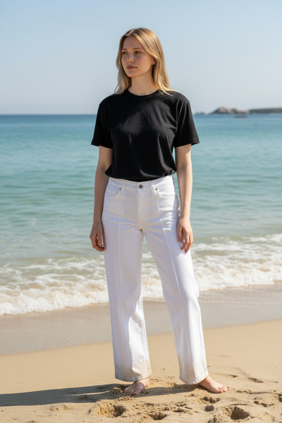 Just Black Denim- Pintuck Wide Leg Trouser- White