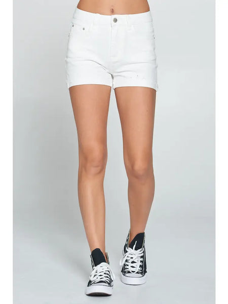 High Rise Cuffed Denim Shorts- White