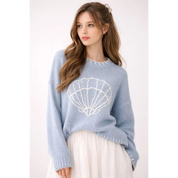 Shell Knit Sweater- Blue/White