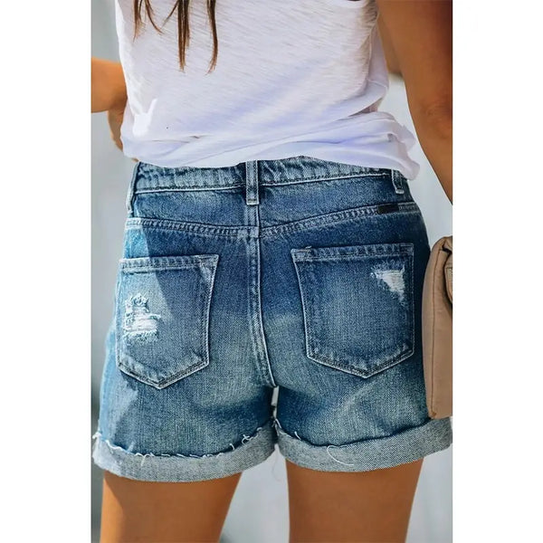 High Waist Curl Denim Shorts- Light