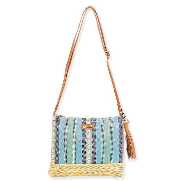 Striped Straw Crossbody Bag- Blue