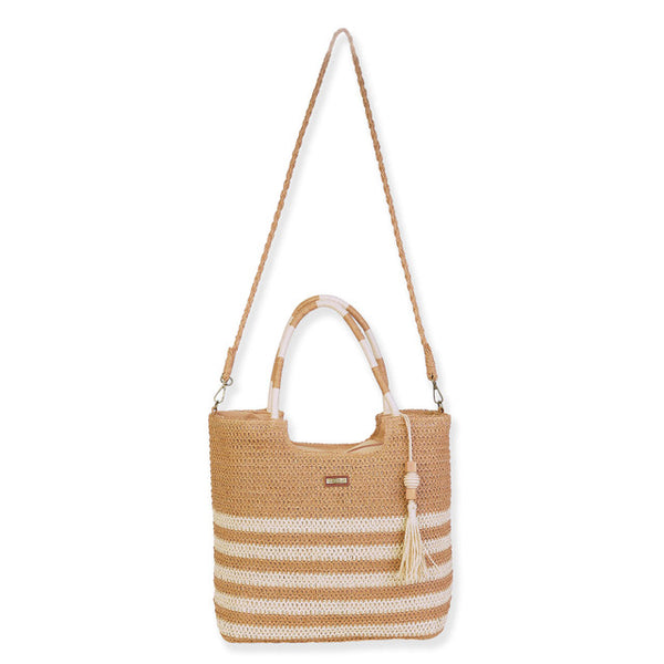 Paper Crochet Shoulder Tote- Tan Stripe