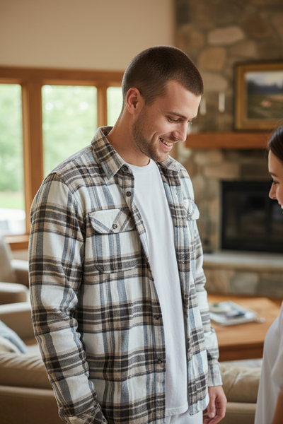 Men's Flannel Button Down with Corduroy- Coffee & Cream