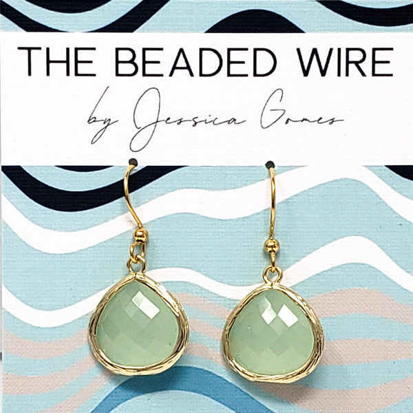 #FT38- Classic Framed Glass Teardrops- Green Opal Gold
