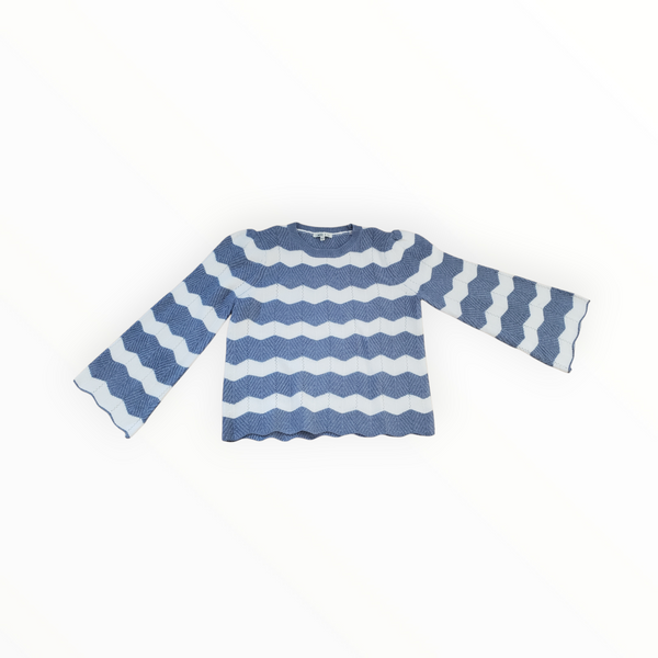 Wavy Bell Sleeve Sweater- Blue + White