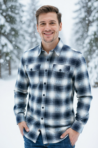 Men's Flannel Button Down with Corduroy- Grey and White