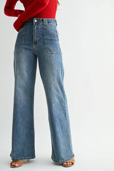 Just Black Denim- Patch Pocket Flare-Medium Denim