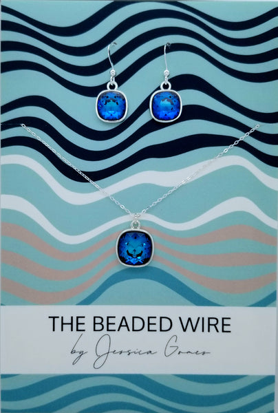 #CD38SET- Eclipse Drop Necklace and Earring Set- Bermuda Blue Silver