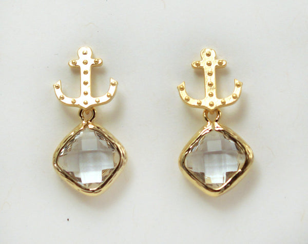#SD44- Anchor Drop Studs- Clear Gold