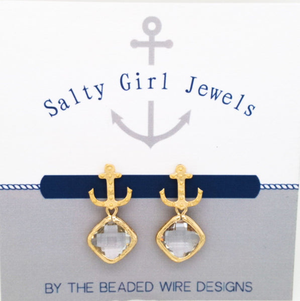 #SD44- Anchor Drop Studs- Clear Gold