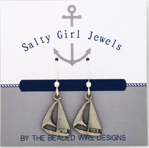 #SG49-Petite Sail Boat Drop Earrings-Pewter