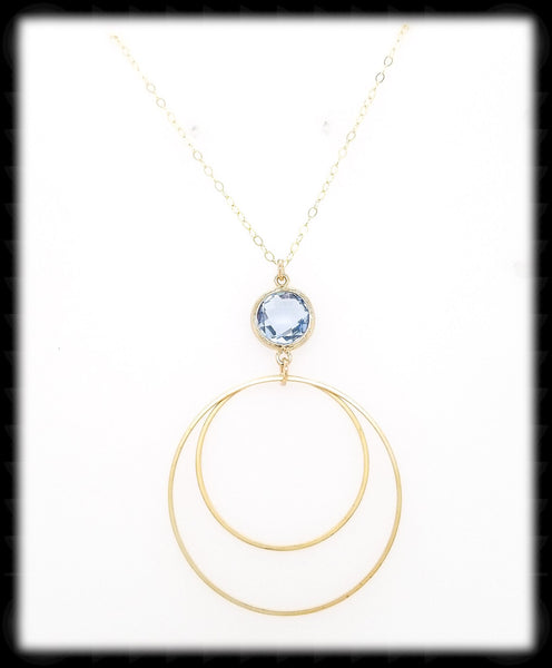 #MCH53GN- Framed Glass Ring Necklace- Light Sapphire Gold
