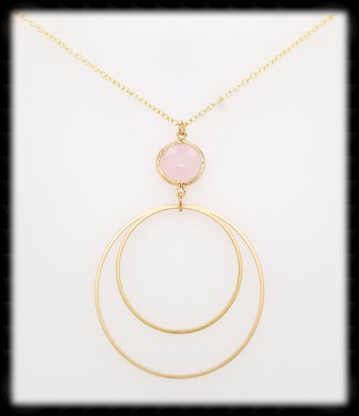 #MCH54GN- Framed Glass Ring Necklace- Pink Opal Gold