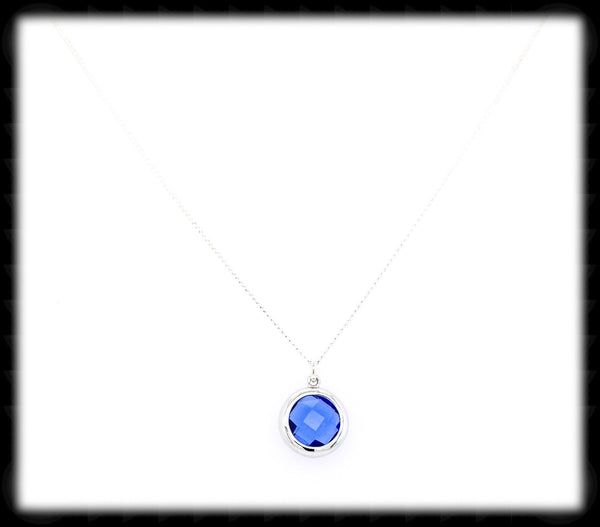 #AAAFTR68BN-Round Filigree Framed Drop Necklace-Sapphire Silver