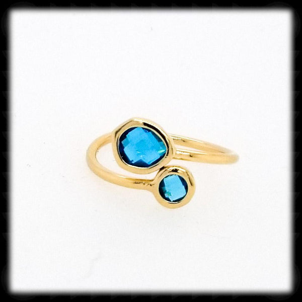 #RFT24G- Framed Glass Adjustable Ring- Capri Blue Gold