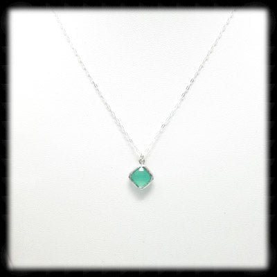 #SGFTD37N- Framed Glass Square Drop Necklace- Mint SIlver