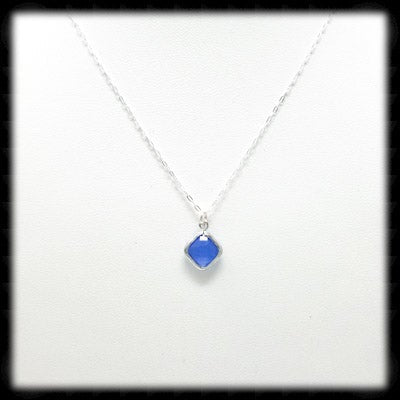 #SGFTD35N- Framed Glass Square Drop Necklace- Royal Opal Blue SIlver