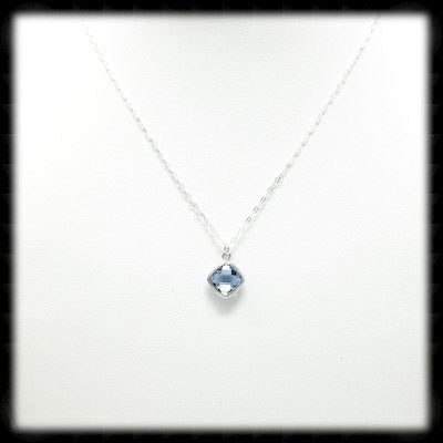 #SGFTD32N- Framed Glass Square Drop Necklace- Light Sapphire SIlver