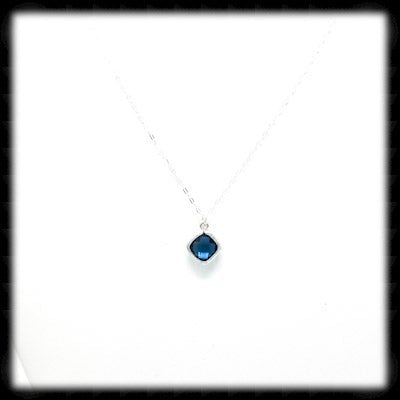 #SGFTD33N- Framed Glass Square Drop Necklace- Navy SIlver