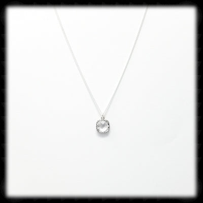 #AAAFTR99N-Petite Filigree Square Framed Drop Necklace- Clear Silver